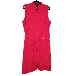 Ashley Stewart Women's 20W Linen Rayon Button Front Tie Waist Dress pink